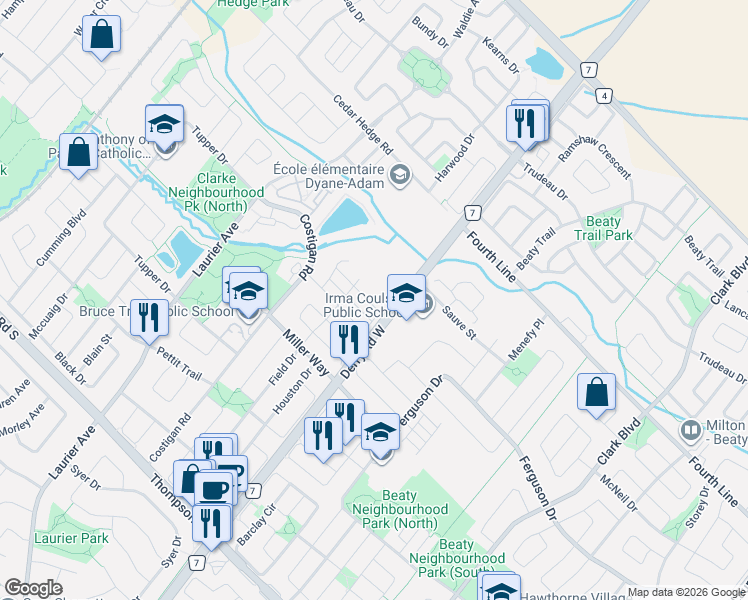 map of restaurants, bars, coffee shops, grocery stores, and more near 632 Laking Terrace in Milton