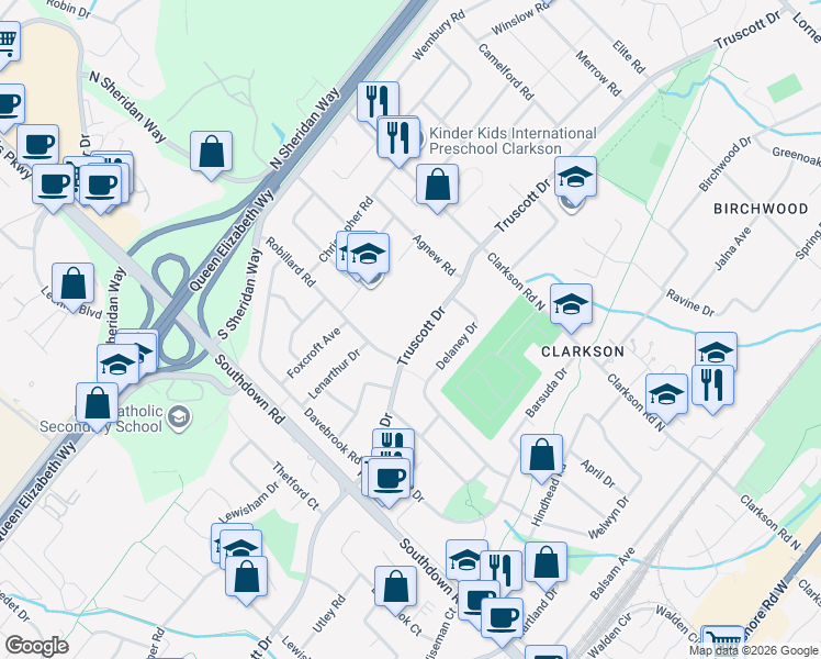 map of restaurants, bars, coffee shops, grocery stores, and more near 1879 Truscott Drive in Mississauga