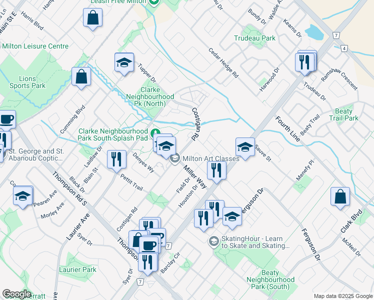 map of restaurants, bars, coffee shops, grocery stores, and more near 1252 Costigan Road in Milton