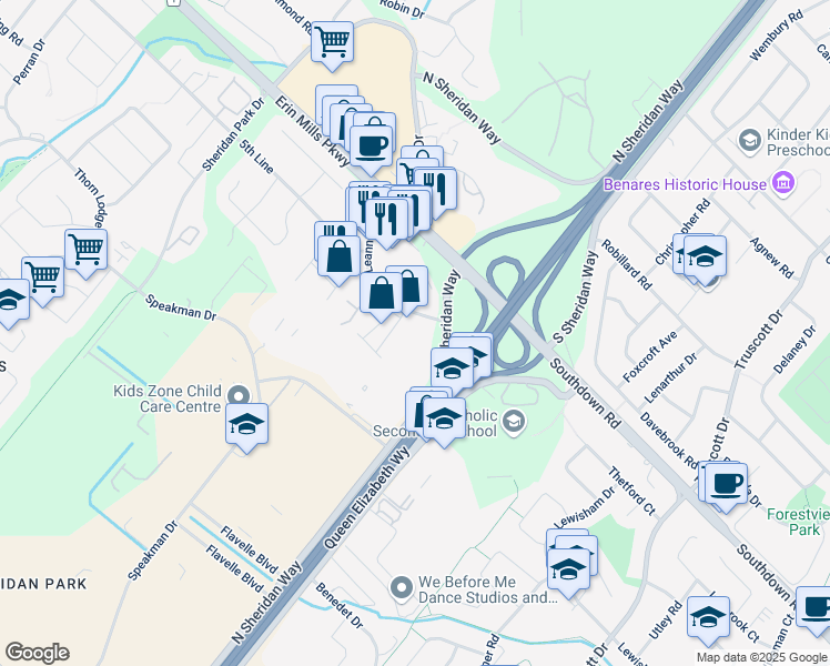 map of restaurants, bars, coffee shops, grocery stores, and more near 2125 North Sheridan Way in Mississauga