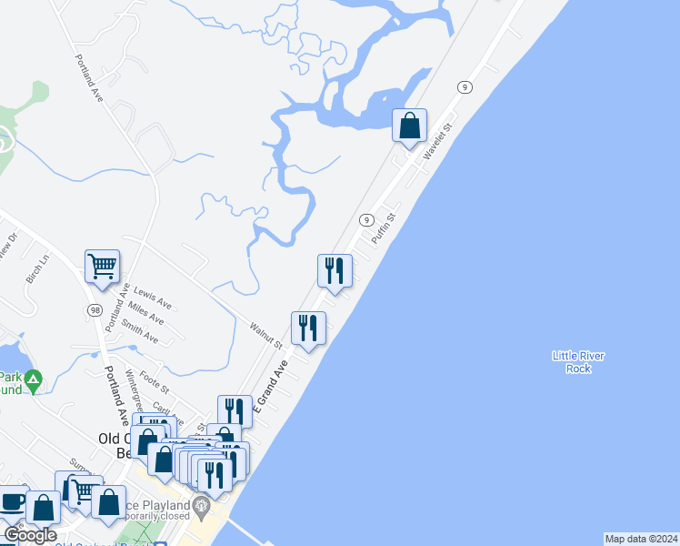 map of restaurants, bars, coffee shops, grocery stores, and more near 126 East Grand Avenue in Old Orchard Beach