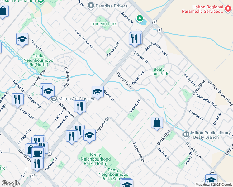 map of restaurants, bars, coffee shops, grocery stores, and more near 620 Sauve Street in Milton