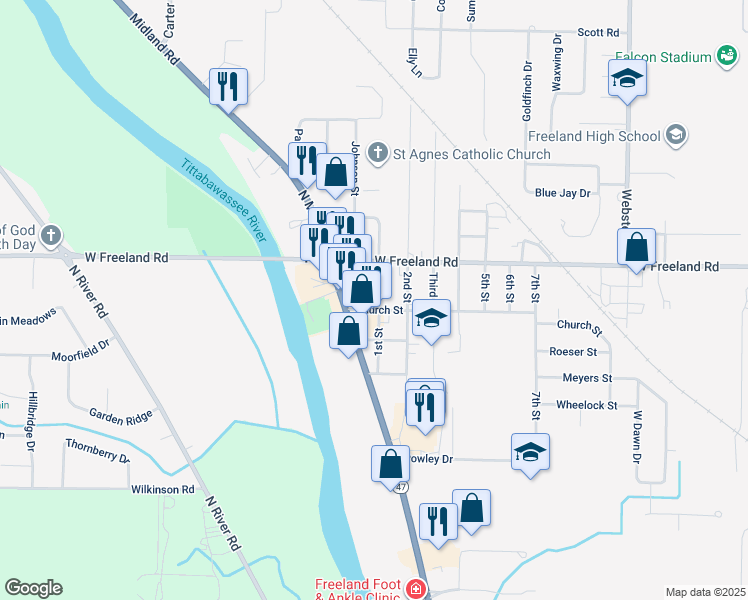map of restaurants, bars, coffee shops, grocery stores, and more near 117 South Main Street in Freeland