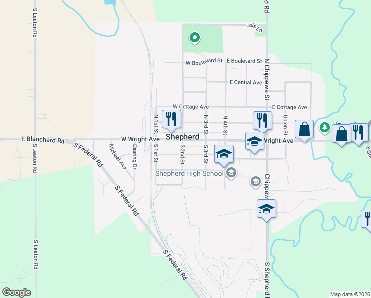 map of restaurants, bars, coffee shops, grocery stores, and more near in Shepherd