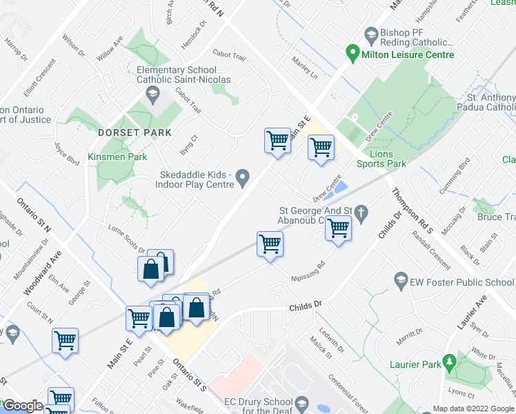 map of restaurants, bars, coffee shops, grocery stores, and more near 740 Main Street East in Milton