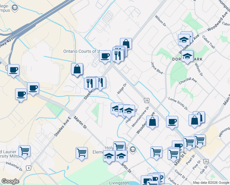 map of restaurants, bars, coffee shops, grocery stores, and more near 304 Ridge Drive in Milton