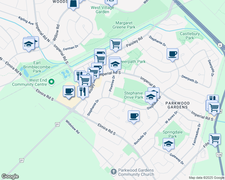 map of restaurants, bars, coffee shops, grocery stores, and more near 22 Pinetree Drive in Guelph