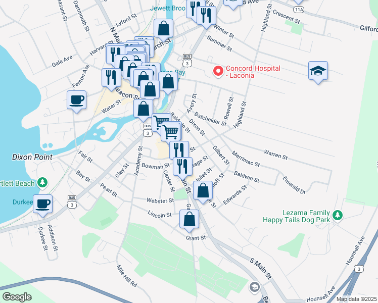 map of restaurants, bars, coffee shops, grocery stores, and more near 30 Pine Street in Laconia