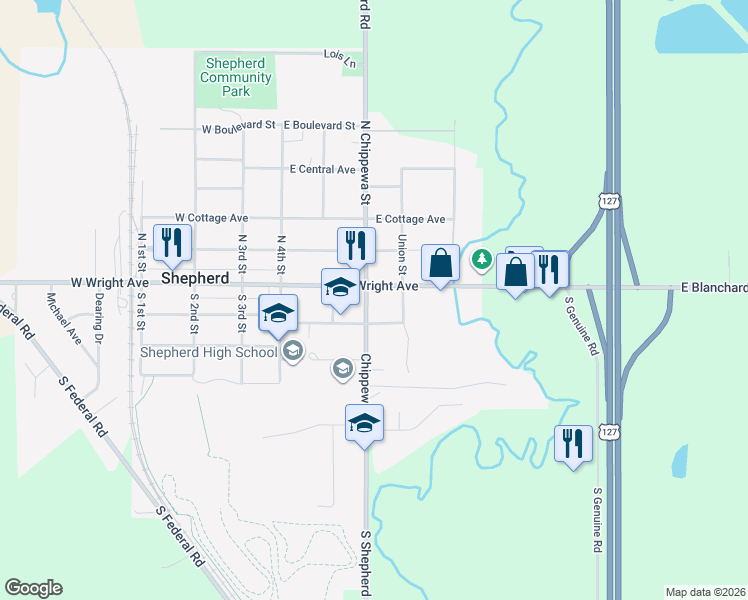 map of restaurants, bars, coffee shops, grocery stores, and more near 204-298 East Wright Avenue in Shepherd