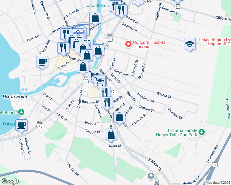 map of restaurants, bars, coffee shops, grocery stores, and more near 30 Pine Street in Laconia