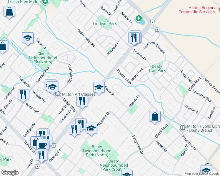 map of restaurants, bars, coffee shops, grocery stores, and more near 620 Sauve Street in Milton
