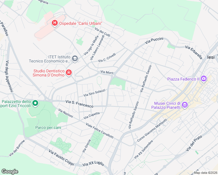 map of restaurants, bars, coffee shops, grocery stores, and more near 20 Viale Giuseppe Verdi in Jesi
