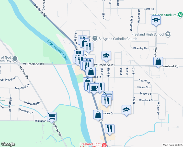 map of restaurants, bars, coffee shops, grocery stores, and more near 117 South Main Street in Freeland