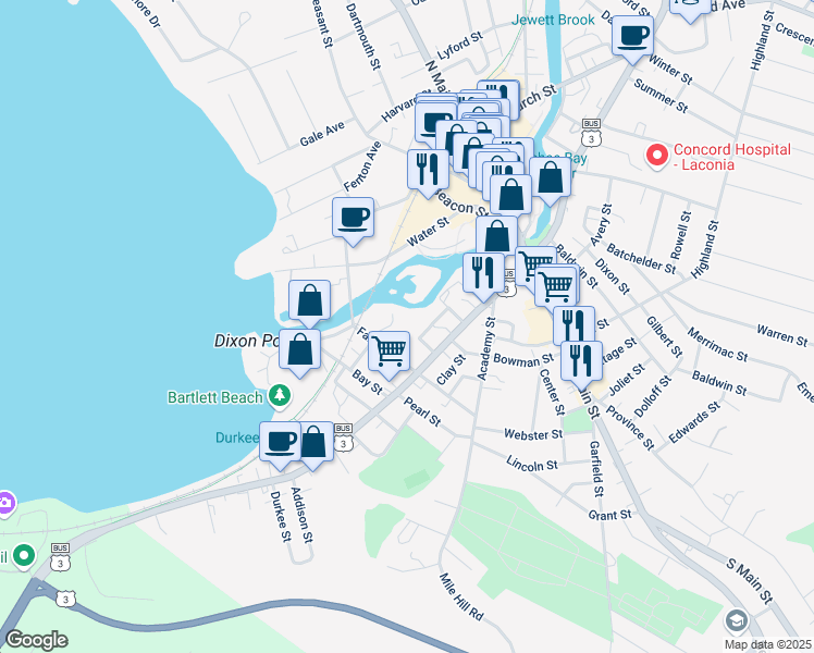map of restaurants, bars, coffee shops, grocery stores, and more near 99 Cook Court in Laconia
