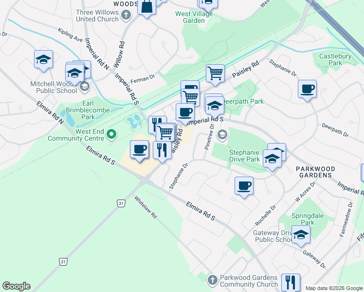 map of restaurants, bars, coffee shops, grocery stores, and more near 978 Paisley Road in Guelph