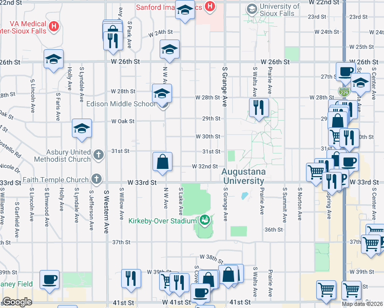 map of restaurants, bars, coffee shops, grocery stores, and more near 2301 South Covell Avenue in Sioux Falls