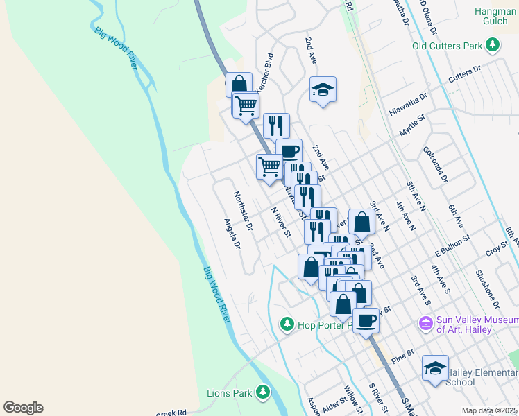 map of restaurants, bars, coffee shops, grocery stores, and more near 111 West Myrtle Street in Hailey