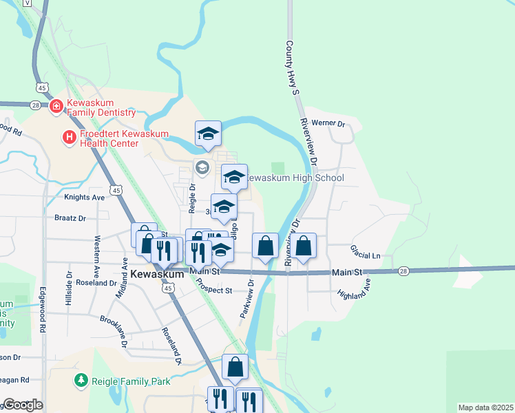 map of restaurants, bars, coffee shops, grocery stores, and more near 384 3rd Street in Kewaskum