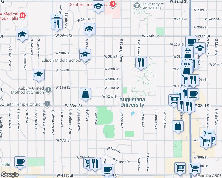 map of restaurants, bars, coffee shops, grocery stores, and more near 2301 South Euclid Avenue in Sioux Falls
