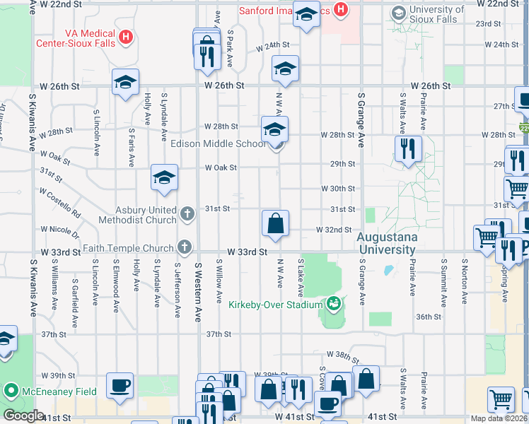 map of restaurants, bars, coffee shops, grocery stores, and more near 1717 West 31st Street in Sioux Falls