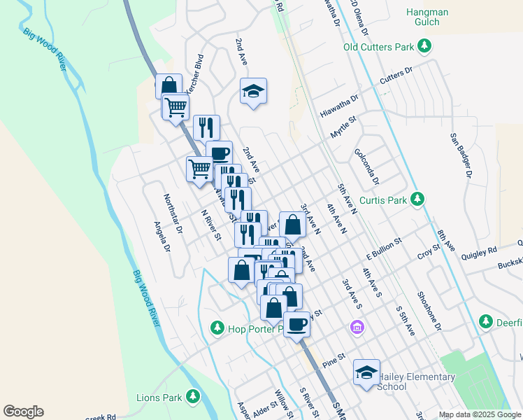 map of restaurants, bars, coffee shops, grocery stores, and more near 416 North 1st Avenue in Hailey