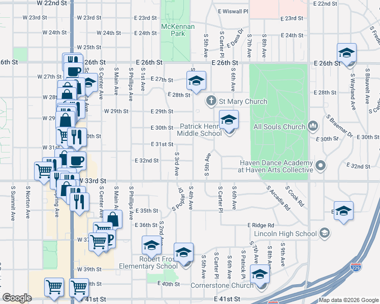 map of restaurants, bars, coffee shops, grocery stores, and more near 2305 South 4th Avenue in Sioux Falls