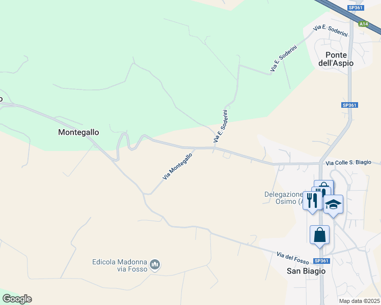 map of restaurants, bars, coffee shops, grocery stores, and more near 43 Via Montegallo in Provincia di Ancona