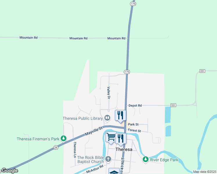 map of restaurants, bars, coffee shops, grocery stores, and more near 418 Valley Drive in Theresa