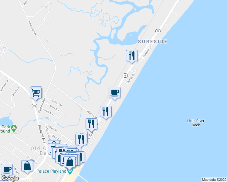 map of restaurants, bars, coffee shops, grocery stores, and more near 126 East Grand Avenue in Old Orchard Beach