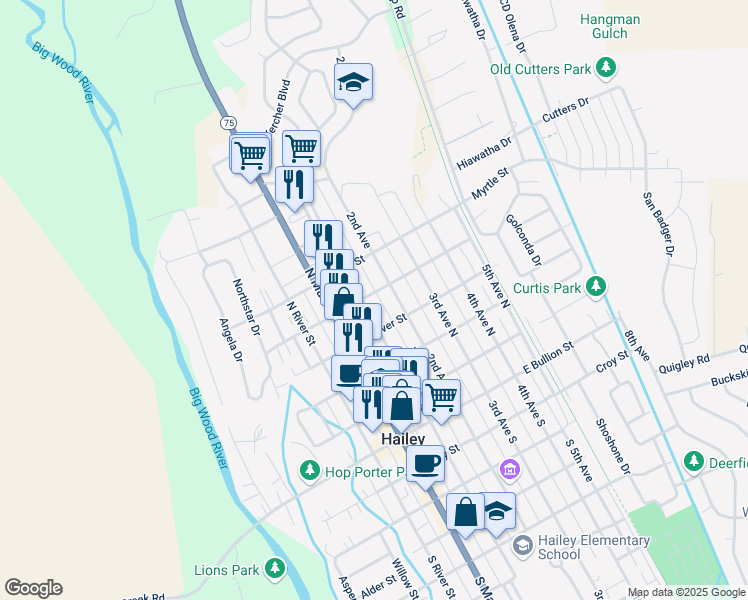 map of restaurants, bars, coffee shops, grocery stores, and more near 416 North 1st Avenue in Hailey