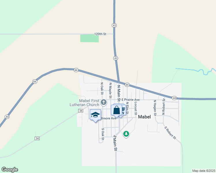map of restaurants, bars, coffee shops, grocery stores, and more near 409 North Maple Street in Mabel