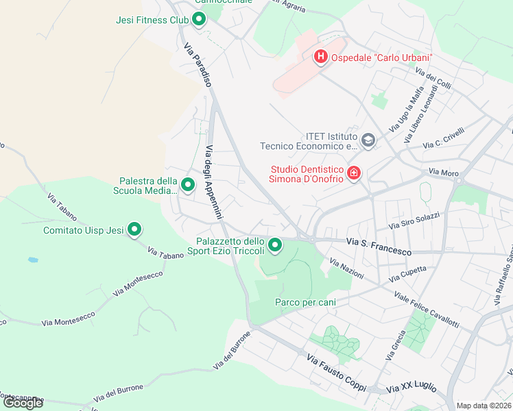 map of restaurants, bars, coffee shops, grocery stores, and more near 6 Via Monte Catria in Jesi