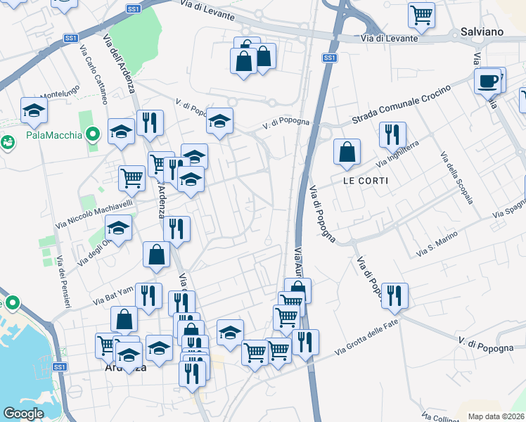 map of restaurants, bars, coffee shops, grocery stores, and more near 44 Via Ludovico Antonio Muratori in Livorno