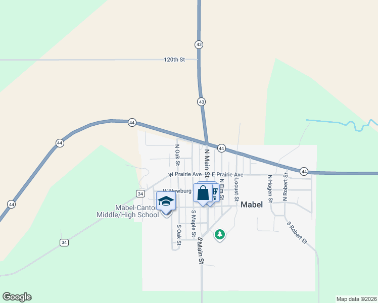 map of restaurants, bars, coffee shops, grocery stores, and more near 409 North Maple Street in Mabel
