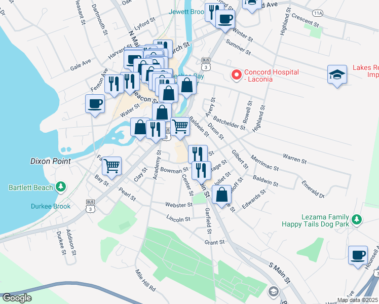 map of restaurants, bars, coffee shops, grocery stores, and more near 371 South Main Street in Laconia