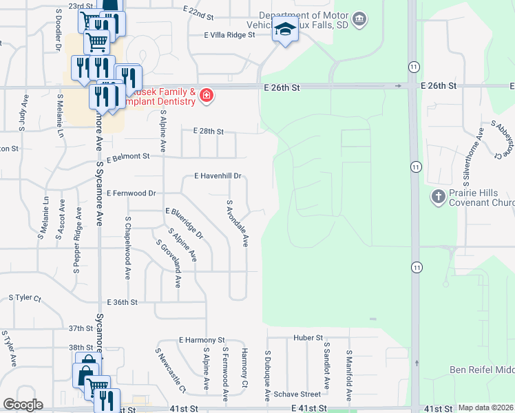 map of restaurants, bars, coffee shops, grocery stores, and more near 5044 East Havenhill Drive in Sioux Falls
