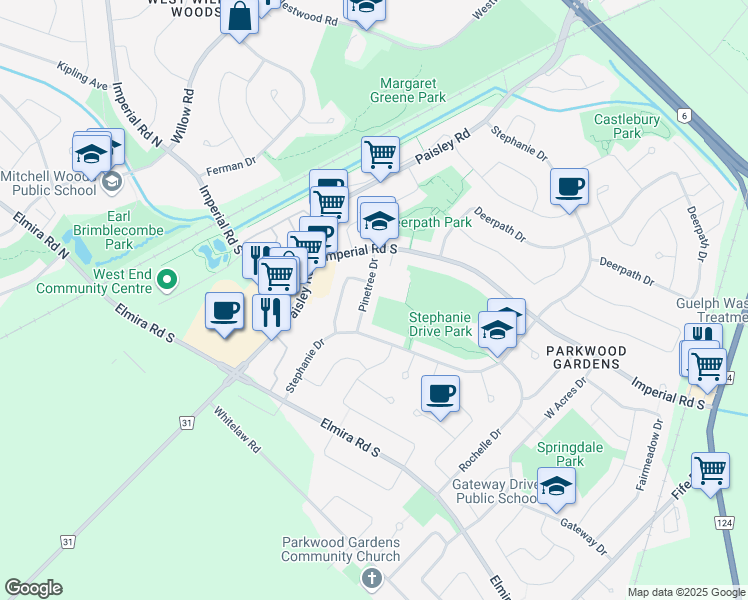 map of restaurants, bars, coffee shops, grocery stores, and more near 22 Pinetree Drive in Guelph