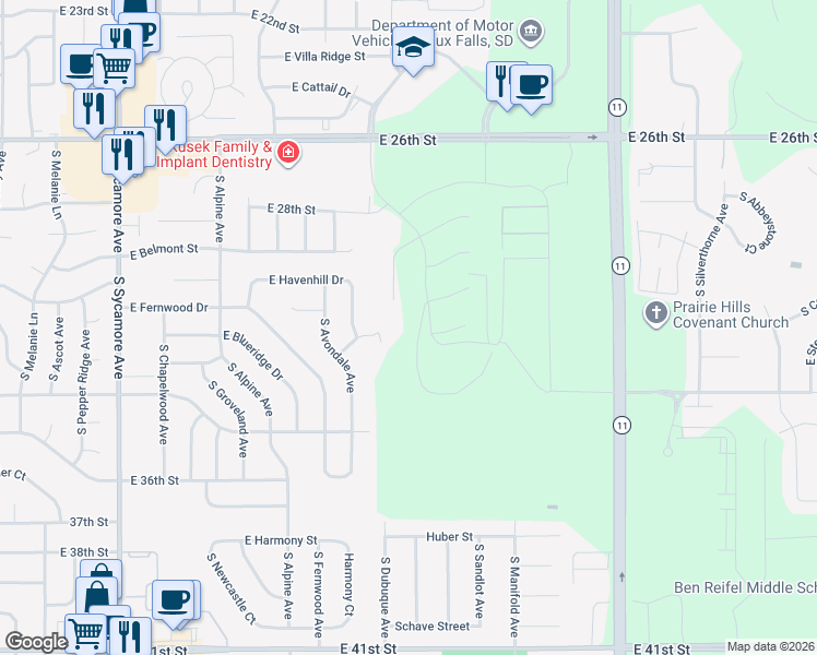 map of restaurants, bars, coffee shops, grocery stores, and more near 5044 East Havenhill Drive in Sioux Falls