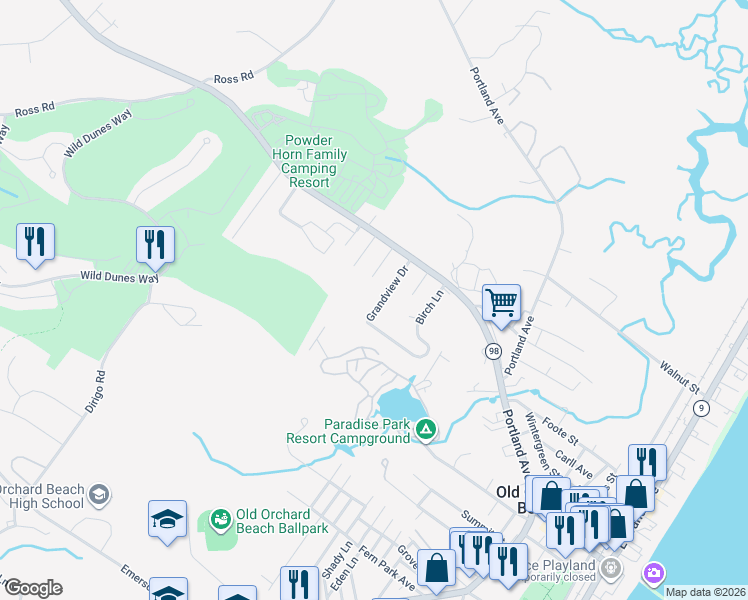 map of restaurants, bars, coffee shops, grocery stores, and more near 37 Birch Ln in Old Orchard Beach