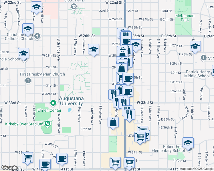 map of restaurants, bars, coffee shops, grocery stores, and more near 2301 South Duluth Avenue in Sioux Falls