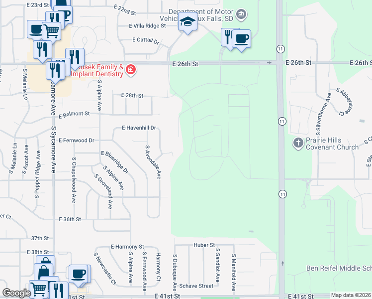 map of restaurants, bars, coffee shops, grocery stores, and more near 5044 East Havenhill Drive in Sioux Falls
