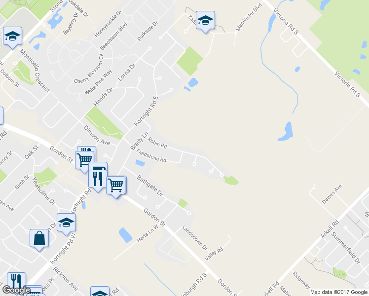map of restaurants, bars, coffee shops, grocery stores, and more near 28 Robin Road in Guelph
