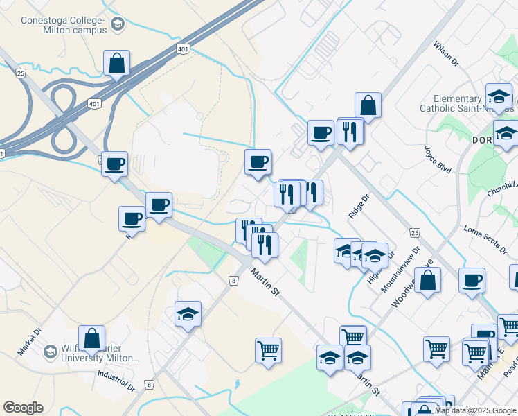 map of restaurants, bars, coffee shops, grocery stores, and more near 274 Alliance Road in Milton
