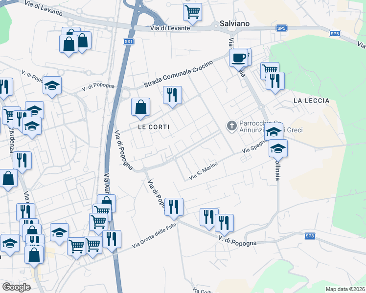map of restaurants, bars, coffee shops, grocery stores, and more near 14 Via Bulgaria in Livorno