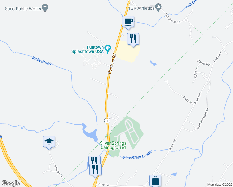 map of restaurants, bars, coffee shops, grocery stores, and more near 747 Portland Road in Saco