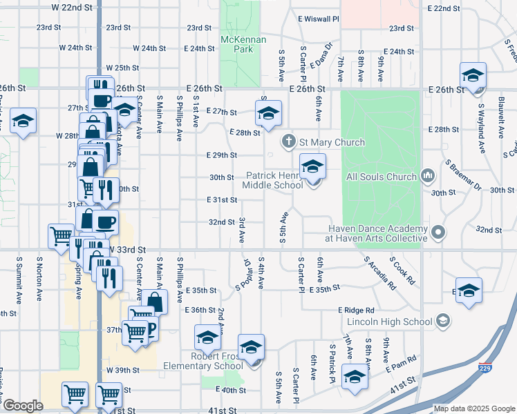 map of restaurants, bars, coffee shops, grocery stores, and more near 2305 South 4th Avenue in Sioux Falls