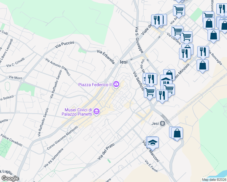 map of restaurants, bars, coffee shops, grocery stores, and more near 54 Via Pergolesi in Jesi