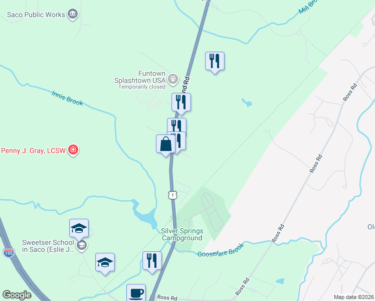 map of restaurants, bars, coffee shops, grocery stores, and more near 747 Portland Road in Saco
