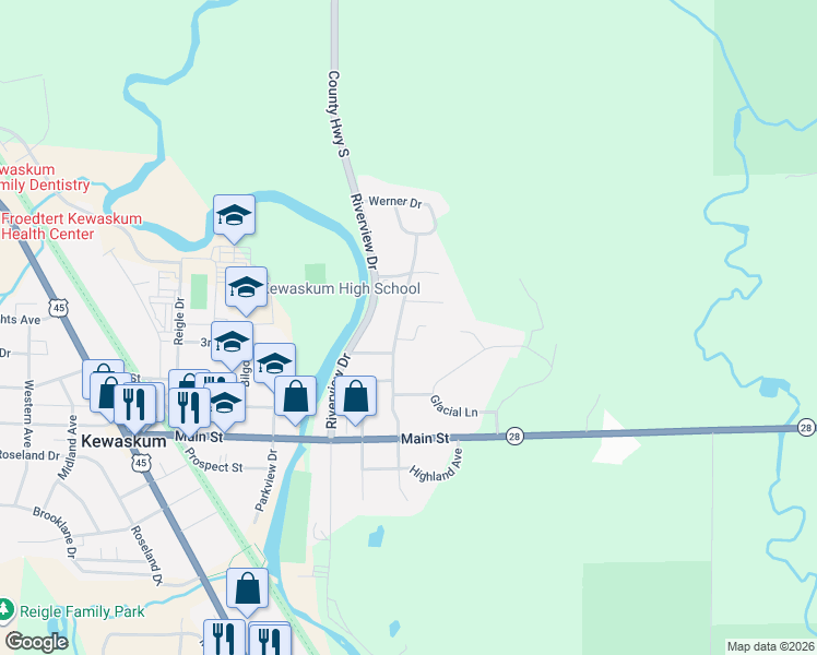 map of restaurants, bars, coffee shops, grocery stores, and more near 1522 Stark St in Kewaskum