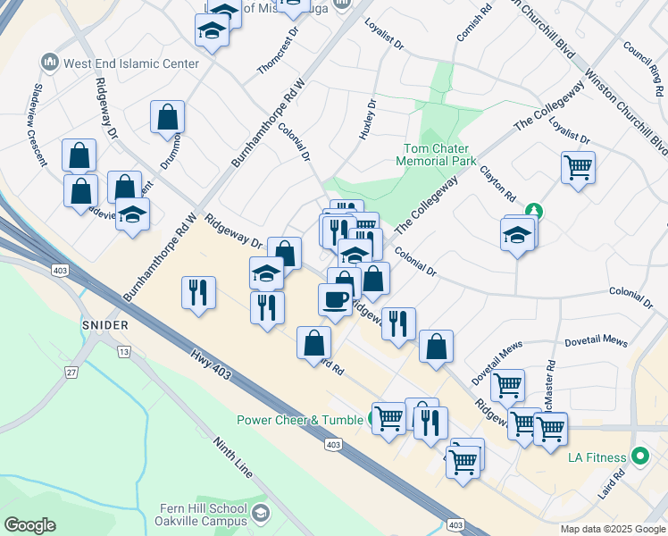 map of restaurants, bars, coffee shops, grocery stores, and more near 3401 Ridgeway Drive in Mississauga
